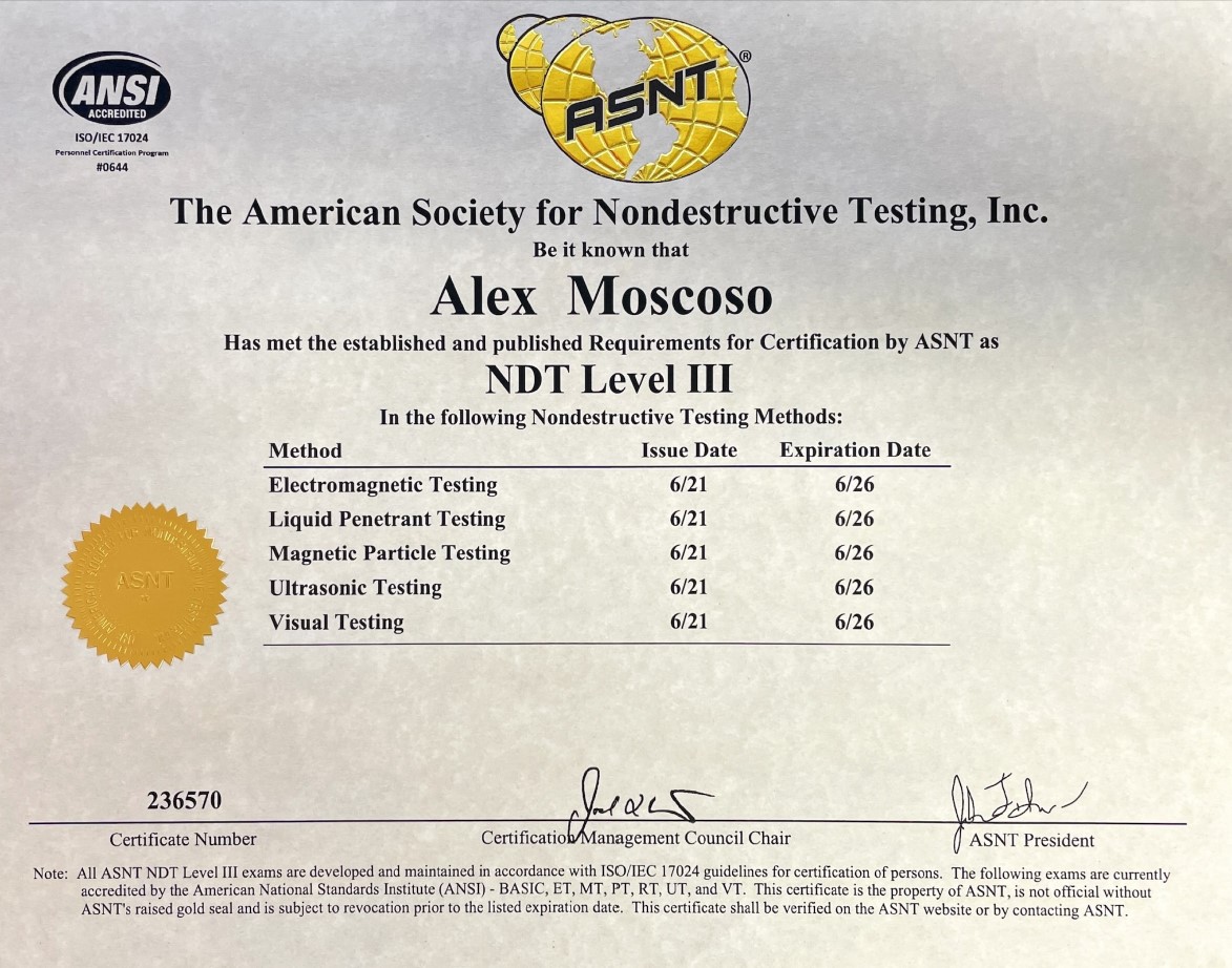 Certifications ALX NDT SERVICES
